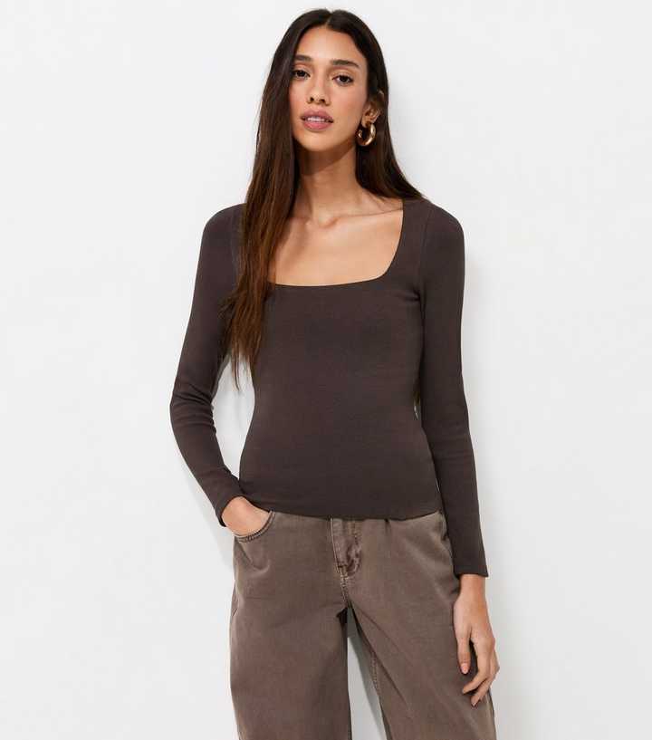 Premium Dark Brown Long Sleeve Square Neck T-Shirt