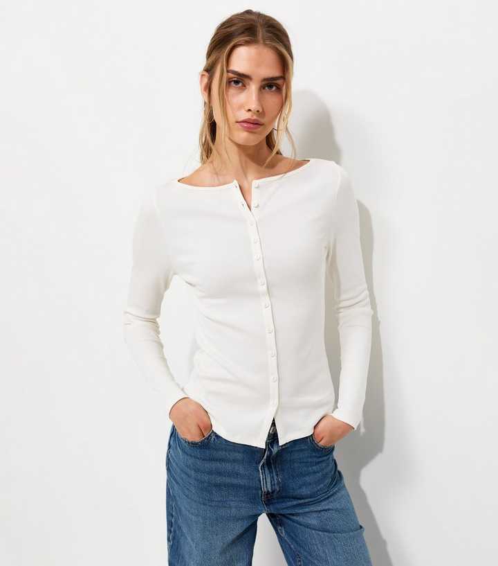 Cream Ribbed Buttoned Boat Neck Long Sleeve Top