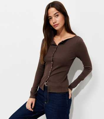 Dark Brown Rib Button Through Slash Neck Long Sleeve Top