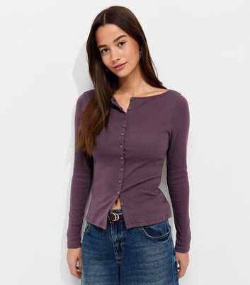 Burgundy Ribbed Buttoned Boat Neck Long Sleeve Top