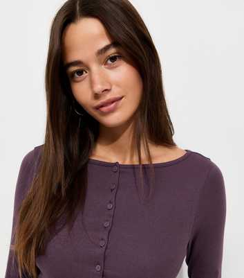 Dark Burgundy Rib Button Through Slash Neck Long Sleeve Top