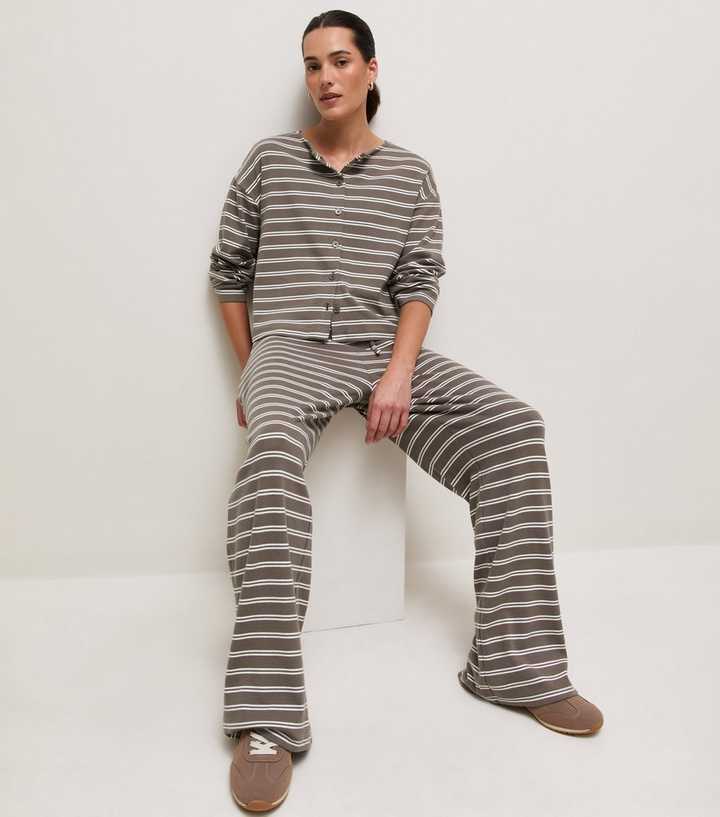 Brown Cotton Rich Stripe Button Through Long Sleeve Top