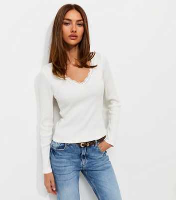 Cream Cotton Rich Lace Trim Ribbed V-Neck Top