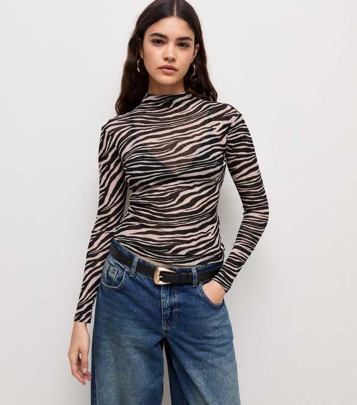 Brown Zebra Print High Neck Long Sleeve Top