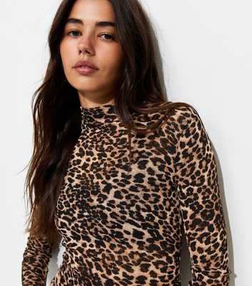 Brown Mesh Jersey Leopard Print Long Sleeve High Neck Top