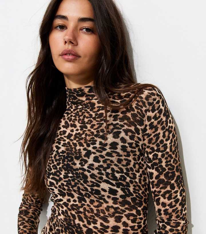 Brown Mesh Jersey Leopard Print Long Sleeve High Neck Top