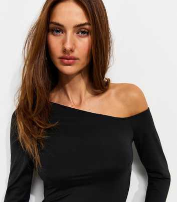 Black Jersey Off Shoulder Long Sleeve Top