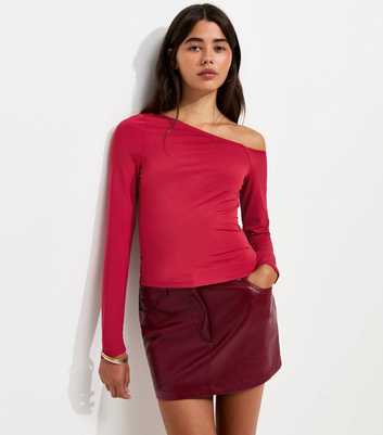 Dark Red Jersey Off Shoulder Long Sleeve Top