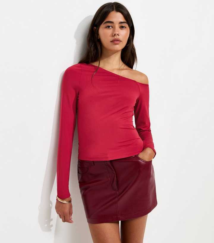 Dark Red Jersey Off Shoulder Long Sleeve Top