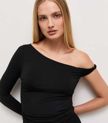 Black Jersey Twist Fallen Shoulder Long Sleeve Top