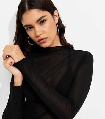 Black Sheer Jersey High Neck Long Sleeve Top