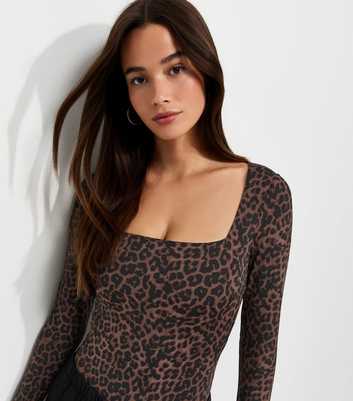 Brown Slinky Leopard Print Square Neck Long Sleeve Bodysuit