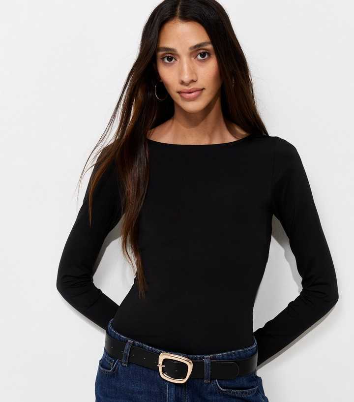 Black Jersey Long Sleeve Scoop Back Bodysuit