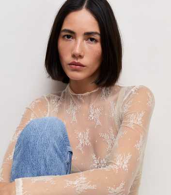 Off White Sheer Floral Lace Long Sleeve Top