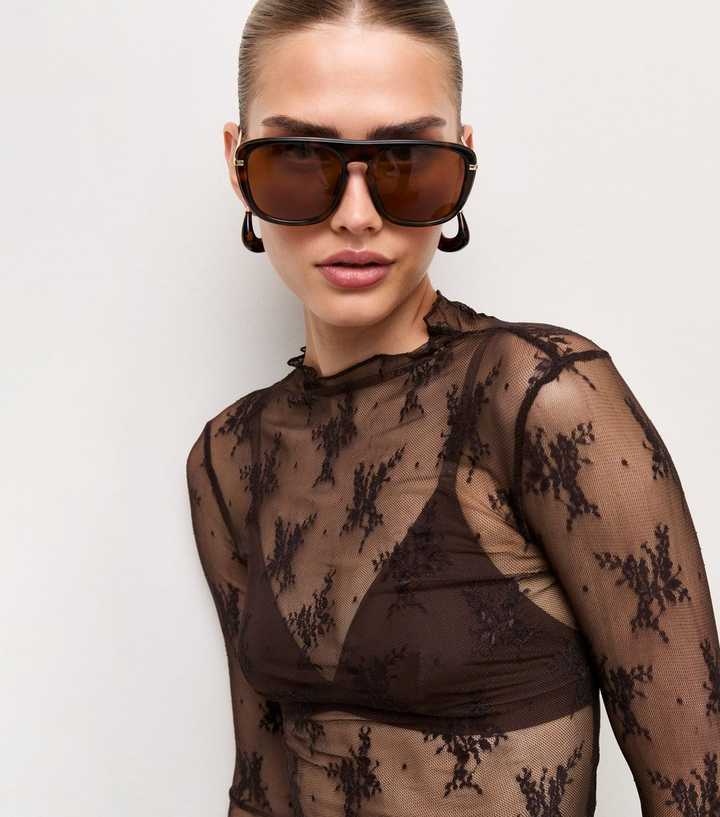Dark Brown Sheer Floral Lace Long Sleeve Top