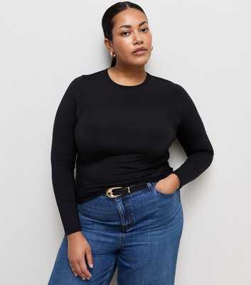 Curves Black Jersey Long Sleeve Crew Neck Top