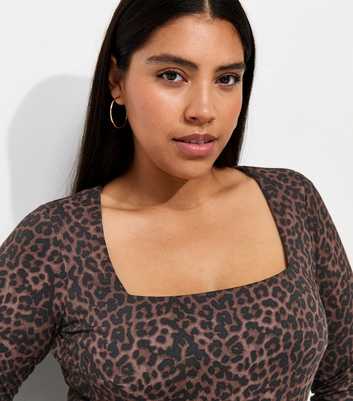 Curves Brown Long Sleeve Leopard Print Square Neck Bodysuit