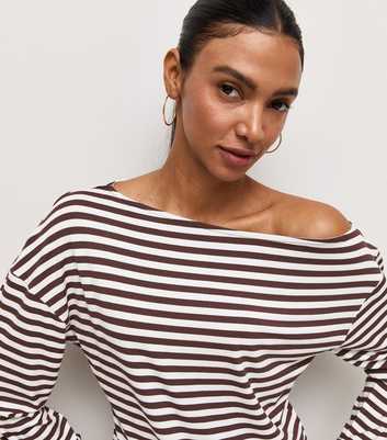 Brown Striped Off the Shoulder Long Sleeve Top