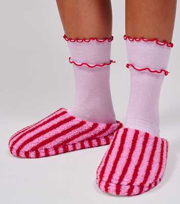 Loungeable Pink Striped Borg Texture Slippers