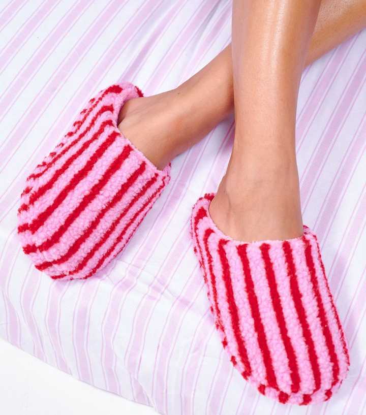 Loungeable Pink Striped Borg Texture Slippers