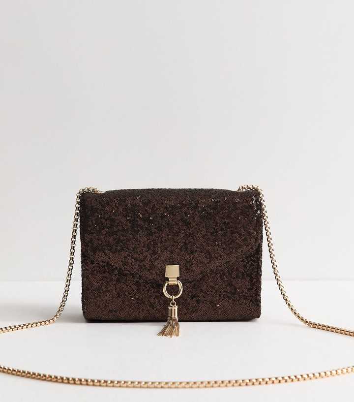Dark Brown Micro Sequin Embellished Crossbody Bag