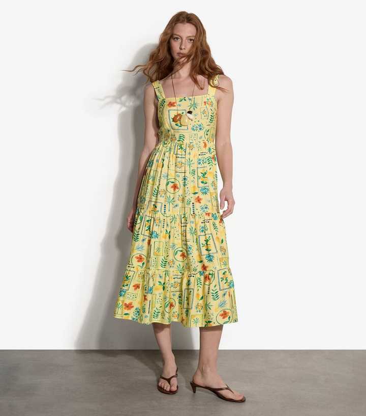 Apricot Yellow Postcard Print Midi Dress