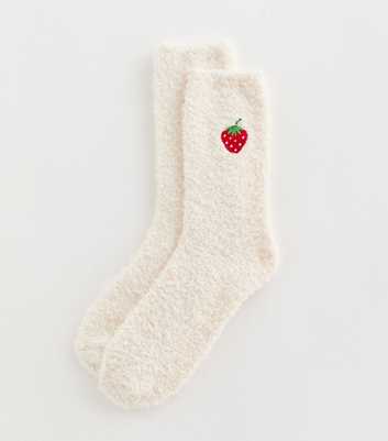 Cream Fluffy Embroidered Strawberry Ankle Socks