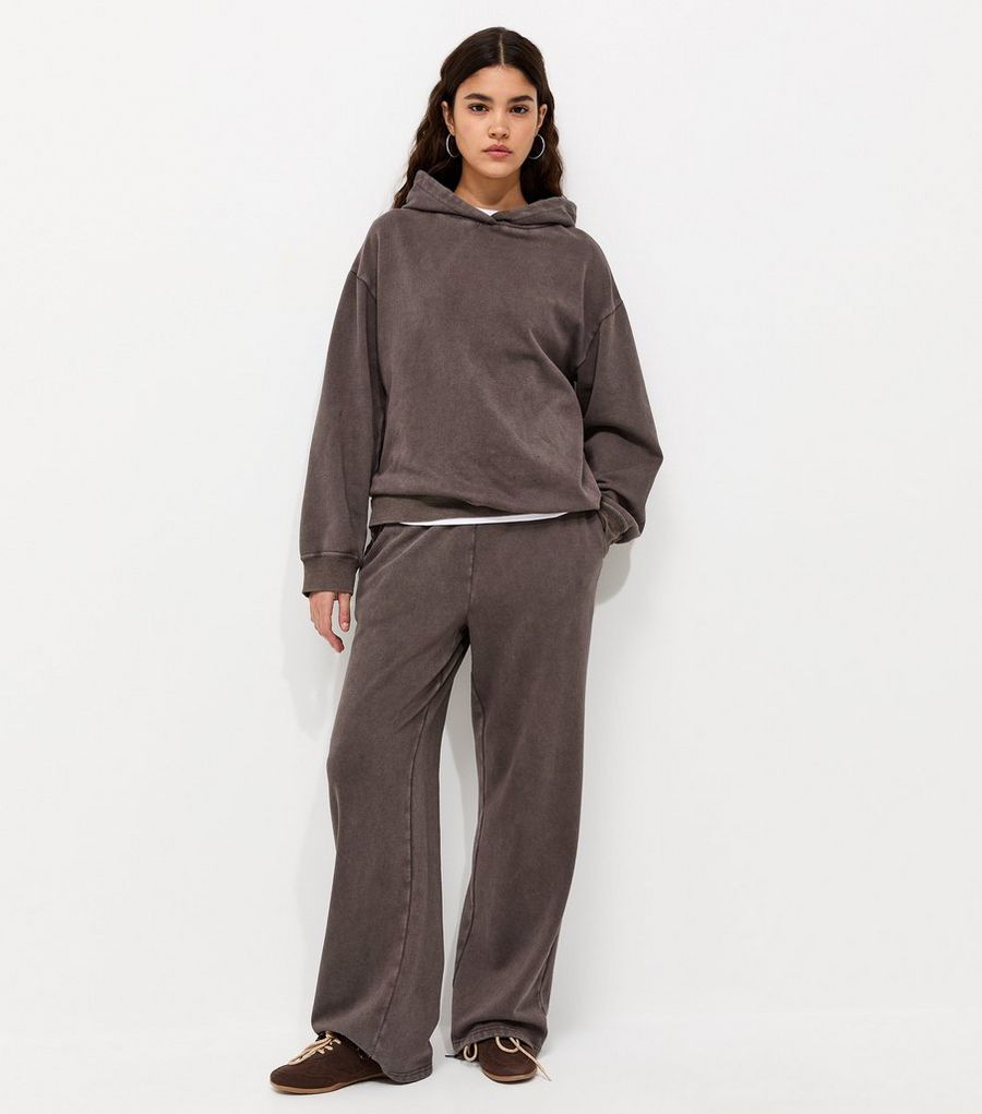 Brown Cotton Rich Acid Wash Wide Leg Joggers