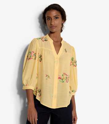 Apricot Yellow Slubbed Floral Embroidered Blouse