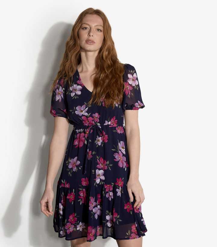 Apricot Navy Rose Print Drawstring Waist Dress