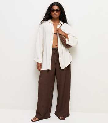 Petite Dark Brown Textured Wide Leg Trousers