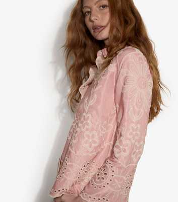 Apricot Pink Floral Print Cutwork Shirt