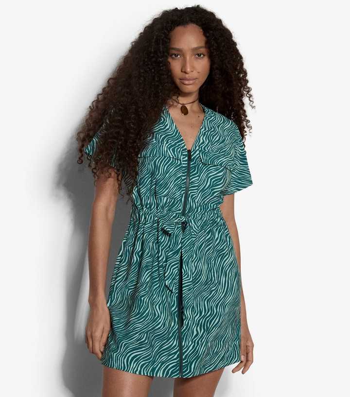 Apricot Blue Wave Print Front Zip Dress
