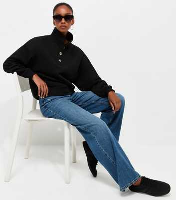 Black Cotton Rich Button Funnel Neck Sweatshirt