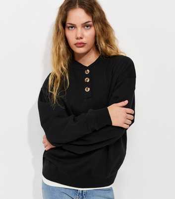 Black Cotton Rich Henley Collar Sweatshirt