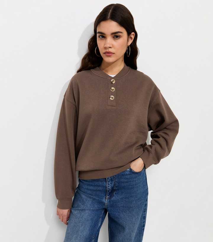 Dark Brown Cotton Rich Henley Collar Sweatshirt