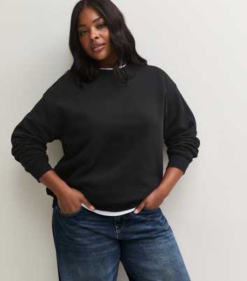 Curves Black Cotton Rich Round Neck Jersey Sweatshirt