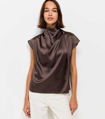 Dark Burgundy Satin Cowl Neck Sleeveless Top