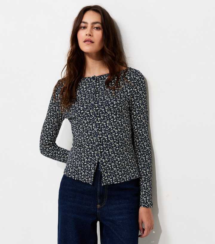 Blue Cotton Rich Ribbed Floral Print Button Through Top