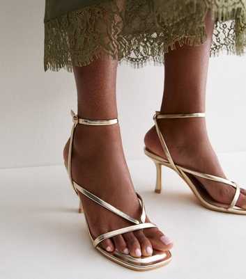 Gold Faux Leather Toepost Strappy Stiletto Heels 80