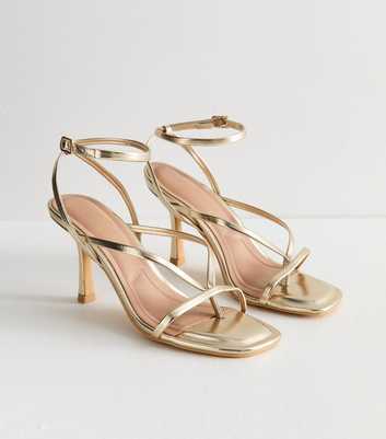 Gold Faux Leather Toepost Strappy Stiletto Heels 80