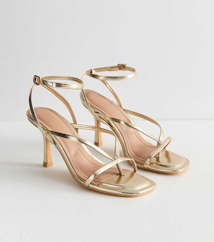Gold Faux Leather Toepost Strappy Stiletto Heels 80