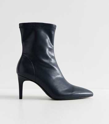 Navy Faux Leather Pointed Toe Stiletto Heel Sock Ankle Boots