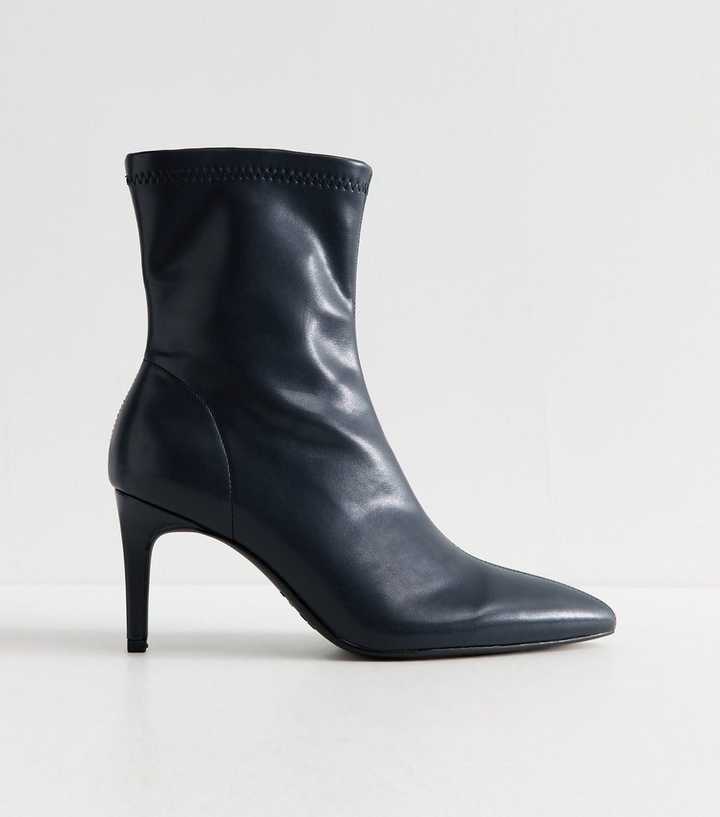 Navy Faux Leather Pointed Toe Stiletto Heel Sock Ankle Boots