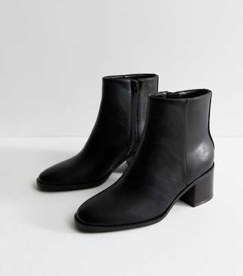 Black Faux Leather Almond Toe Block Heel Ankle Boots