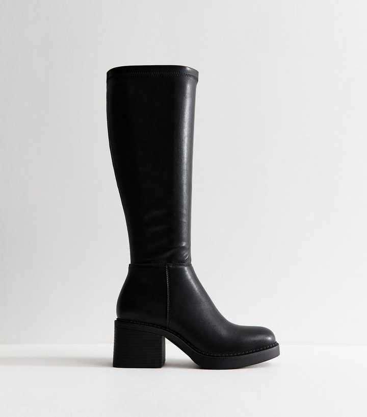 Black Stretch Faux Leather Square Toe Knee High Boots