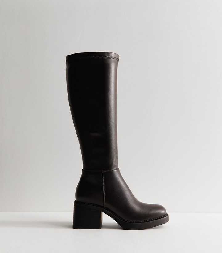Dark Brown Stretch Faux Leather Square Toe Knee High Boots
