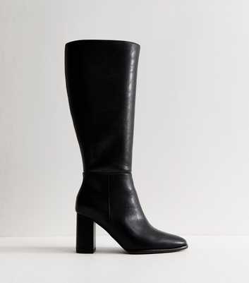 Extra Calf Fit Black Faux Leather Block High Leg Boots
