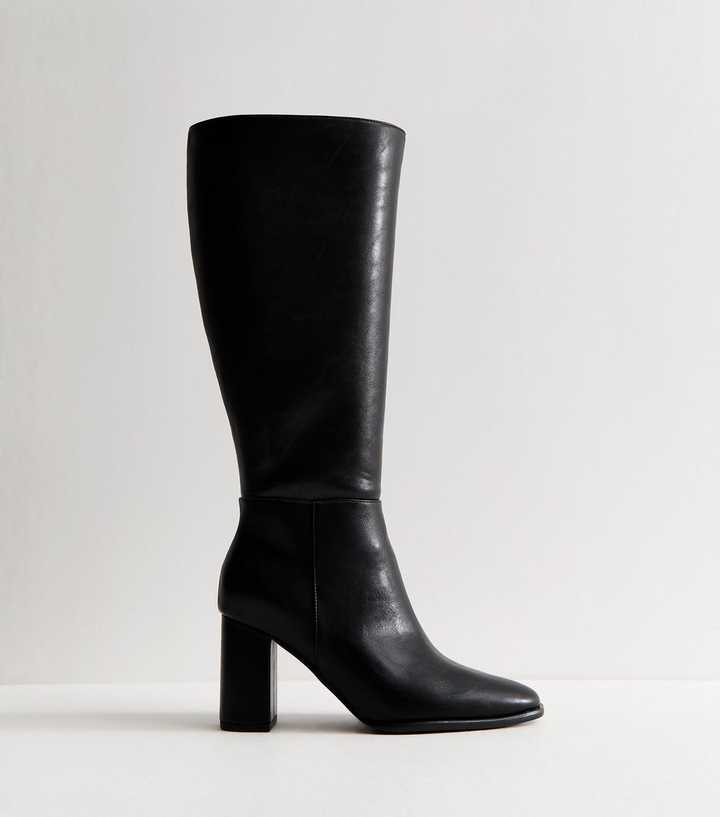 Extra Calf Fit Black Faux Leather Block High Leg Boots