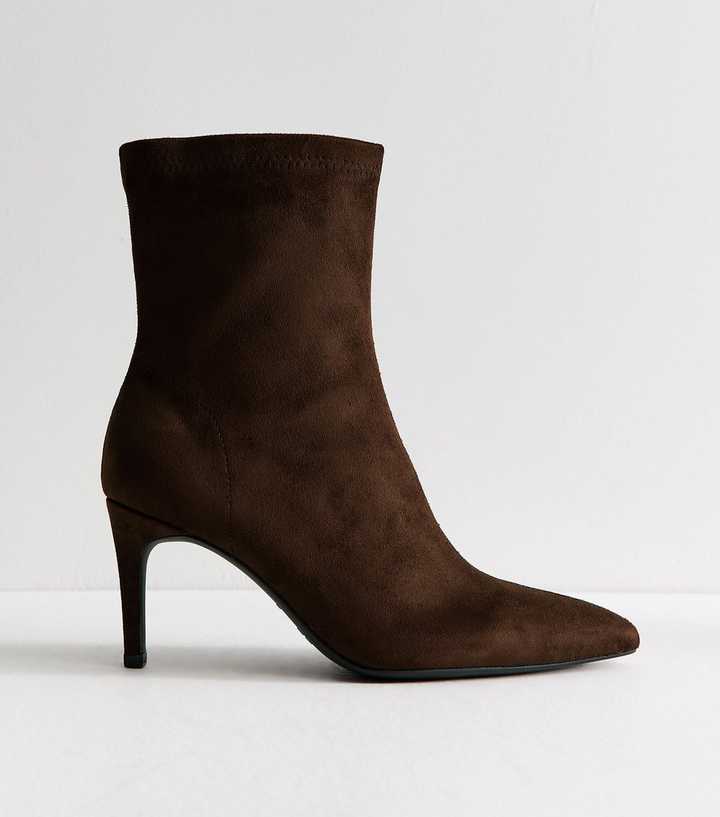 Dark Brown Faux Suede Pointed Sock Stiletto Ankle Boots